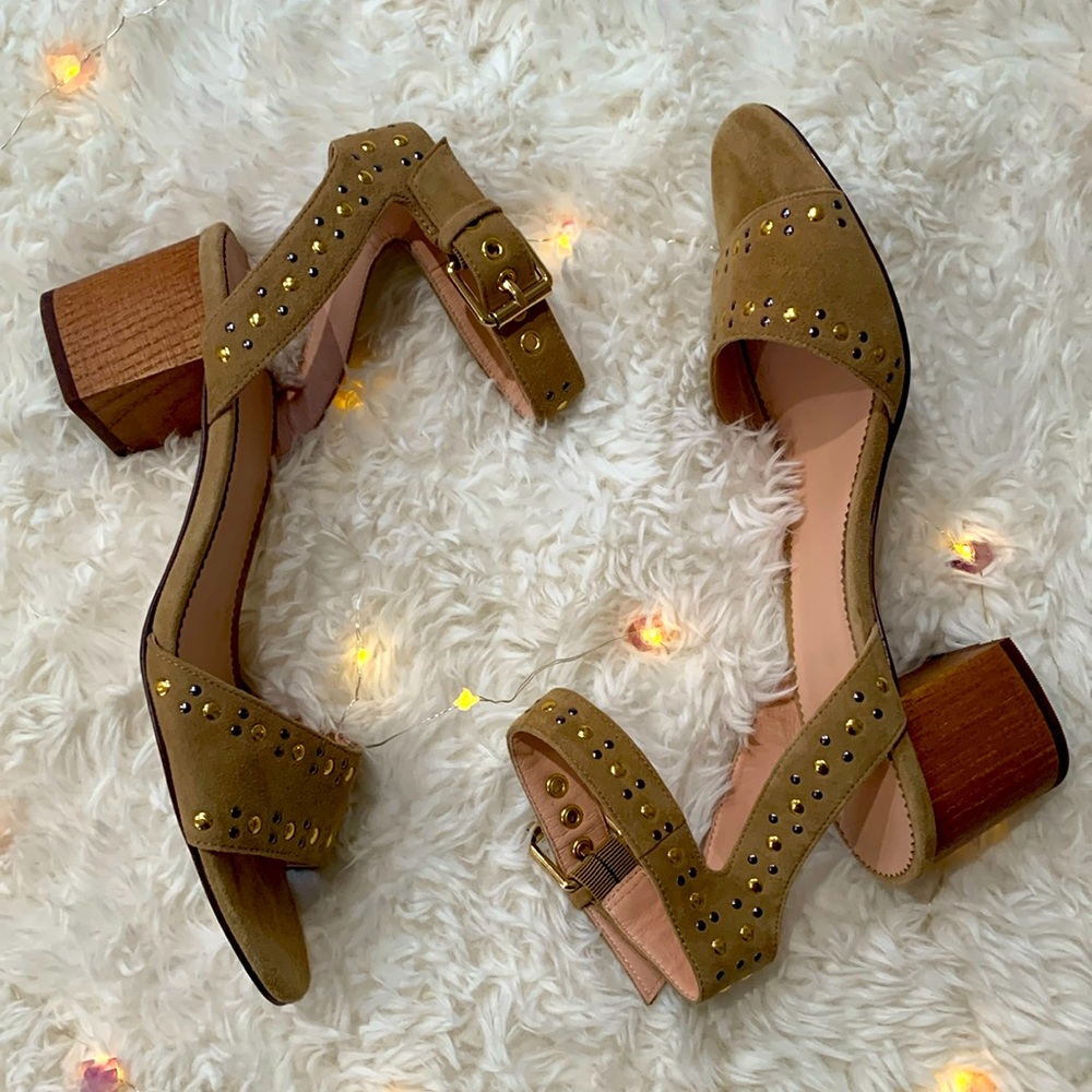 J.Crew PENNY SANDAL STUDDED SUEDE BLOCK HEEL ANKLE STRAP OPENED TOE TAN NUDE ✨✨✨
